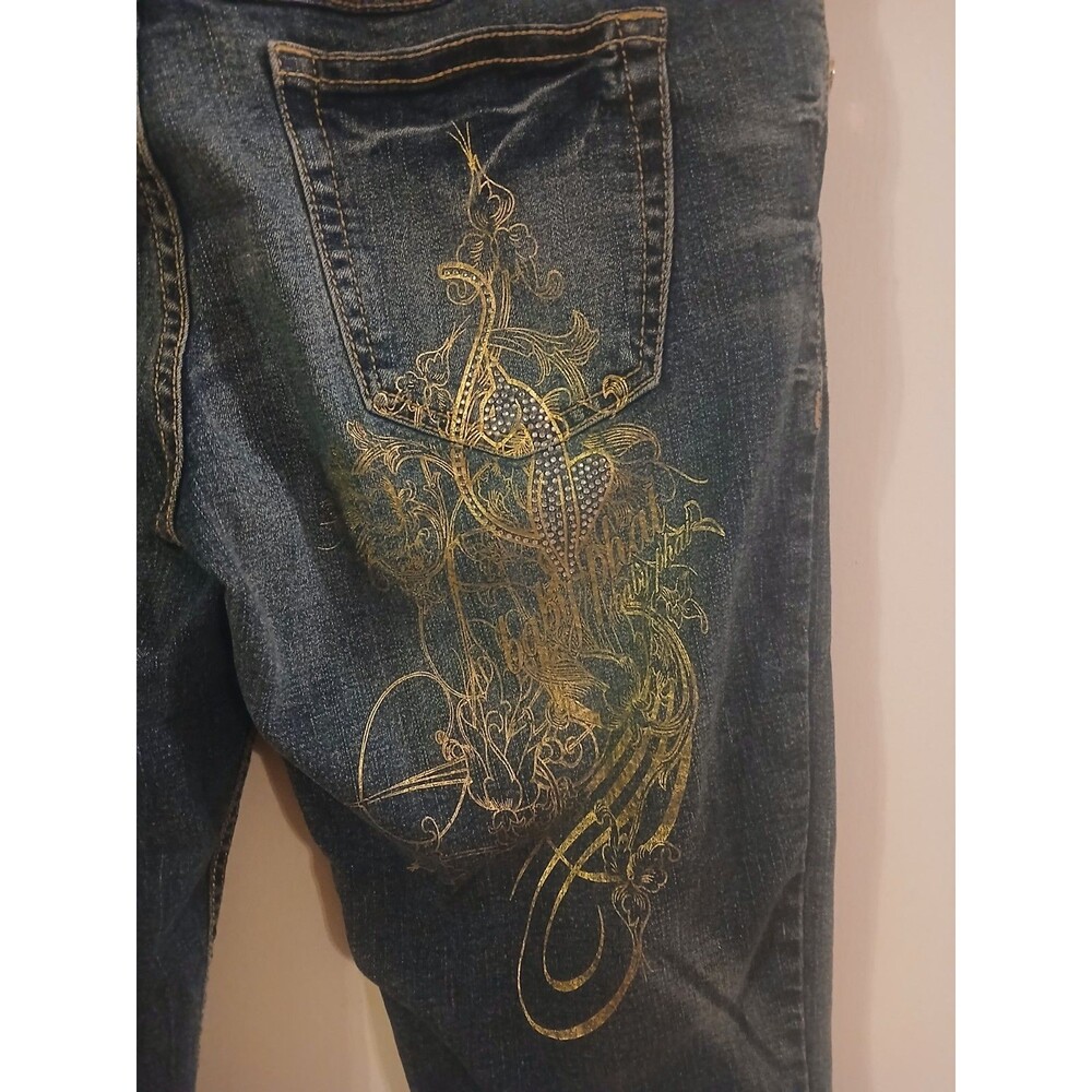 Baby Phat Y2K Gold Foil Logo Seat Crop Jeans-Size 7 - Picture 3 of 8